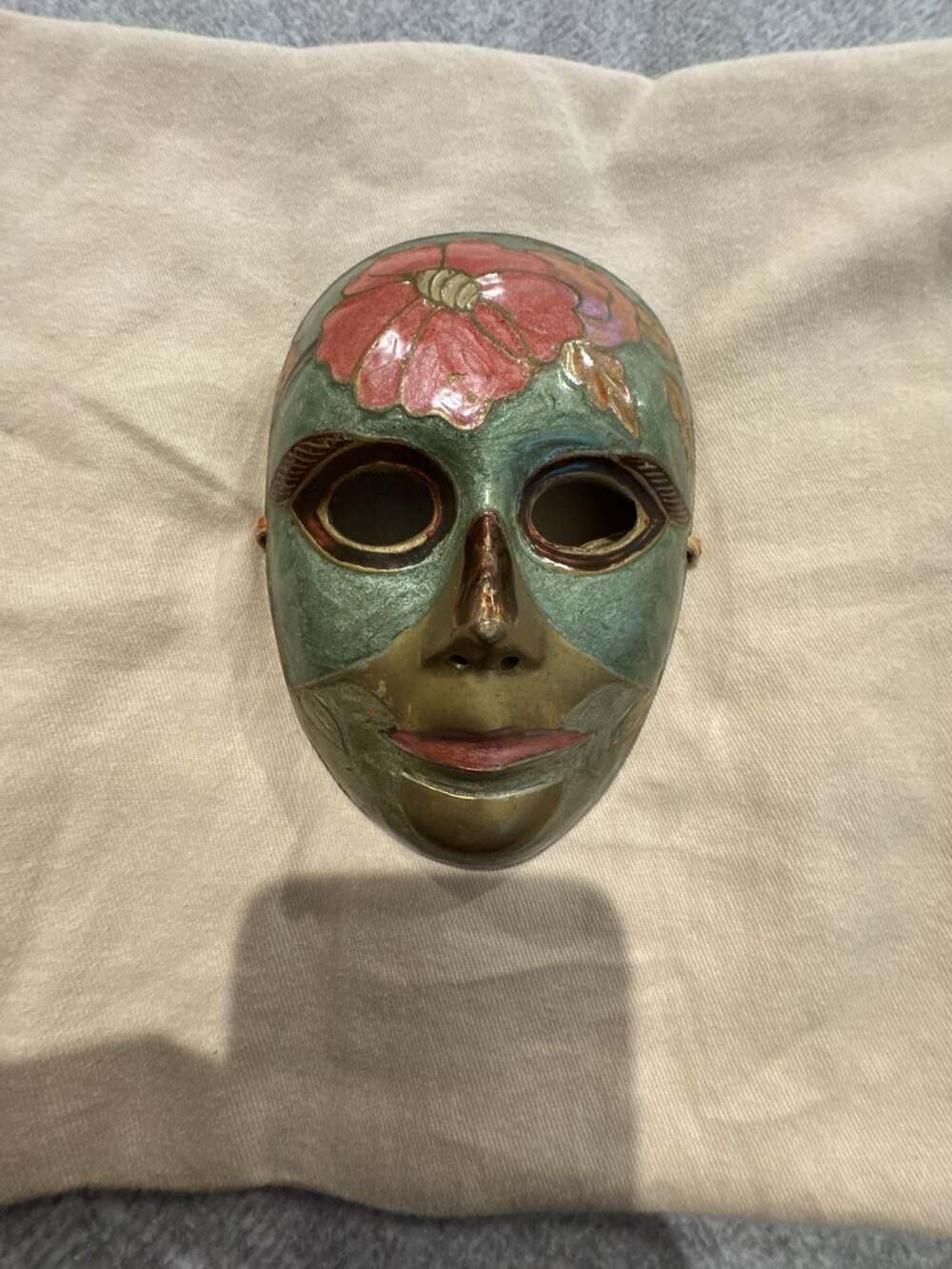 Vintage Hand-Painted Solid Brass and Enamel Woman Face Wall Mask